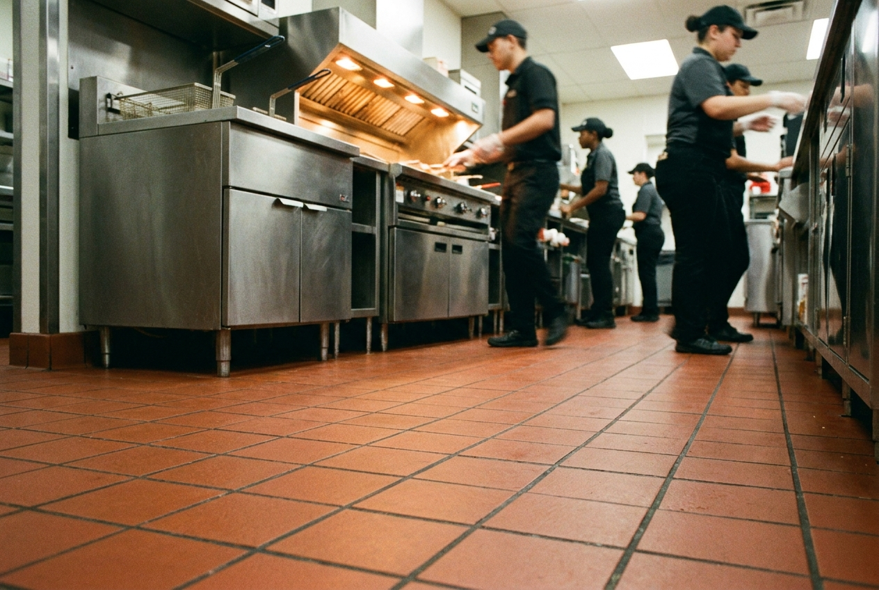 Cocina de comida rápida en operación sobre quarry tile rojo antideslizante